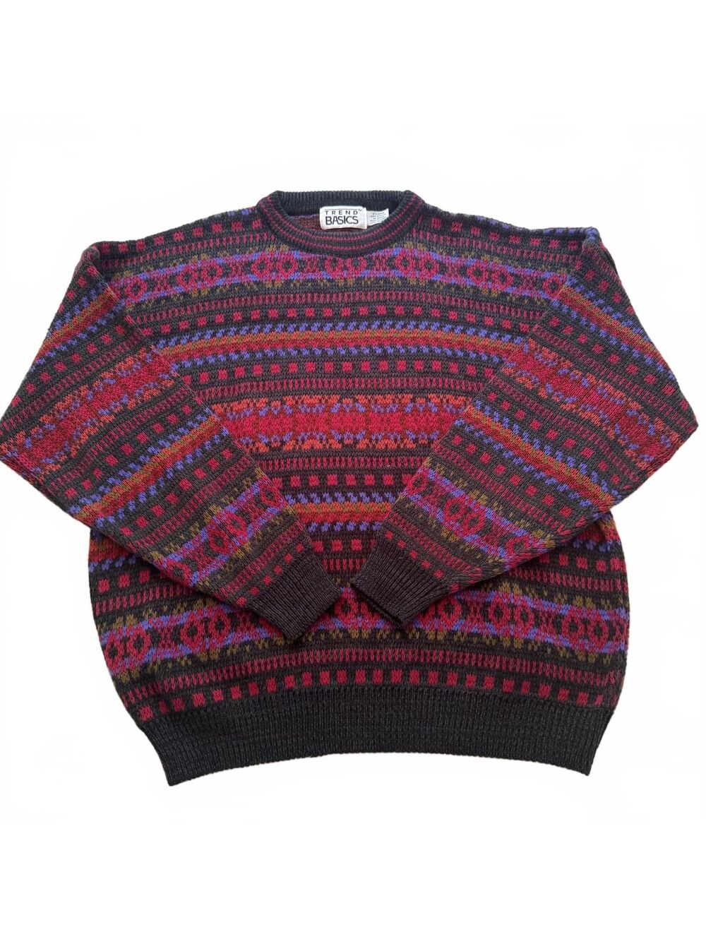 Vtg 80s Trend Basics Fair Isle Sweater Mens XL Charcoal Red Grunge Geometric